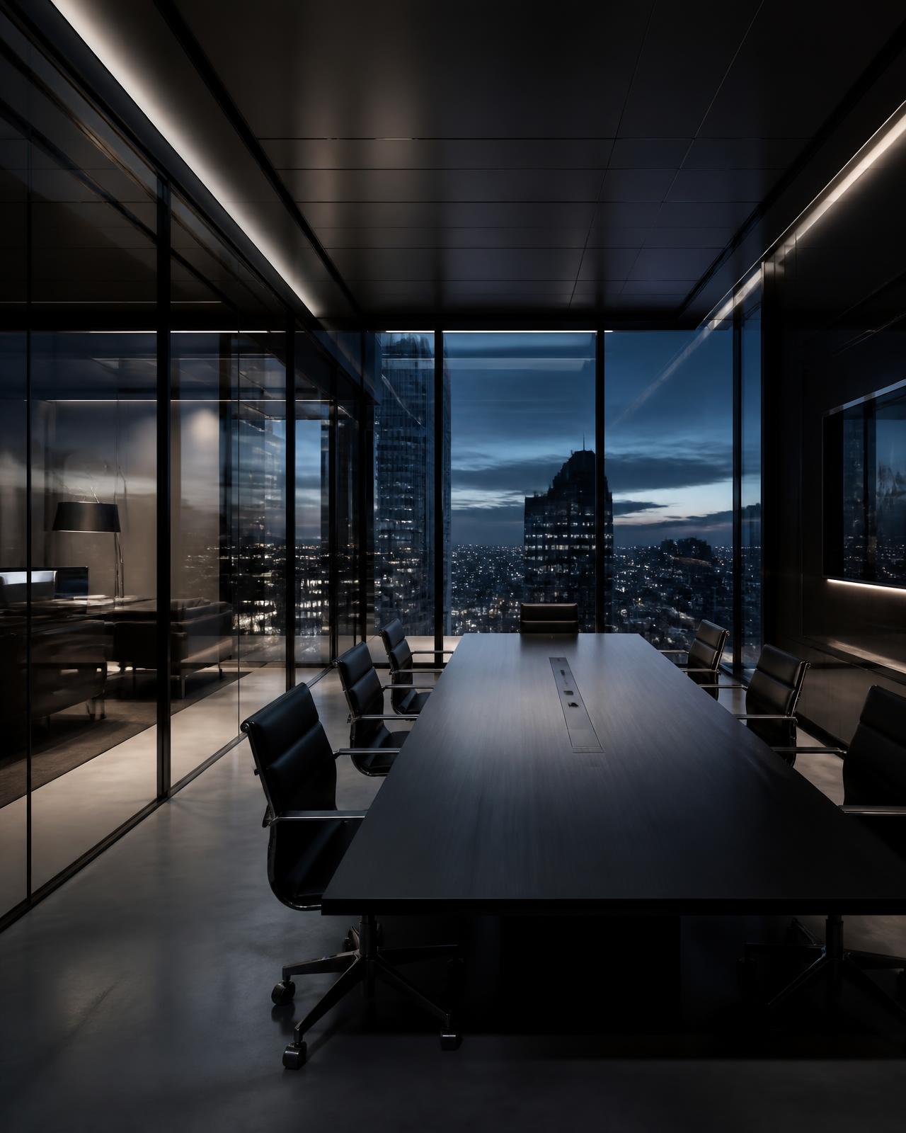 Environnement de travail d'OS BUSINESS EVOLUTION+ : bureau de direction contemporain, verre et acier