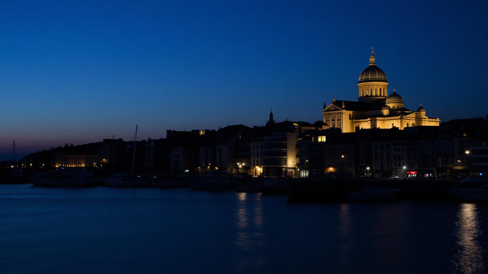 Vue du port de Marseille à l'heure bleue